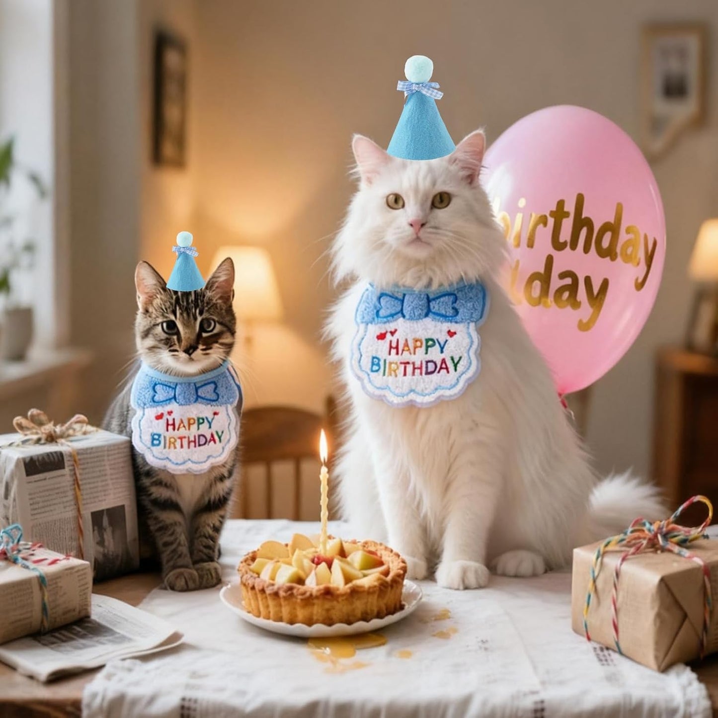 Cat Kitten Birthday Bandana Hat, 1Set Numbers Pet Birthday Decorations Outfits, Cute Cats Kittens Apparel Birthday Outfits, Blue Hat with Numbers Cat Bandana Pet Decorations