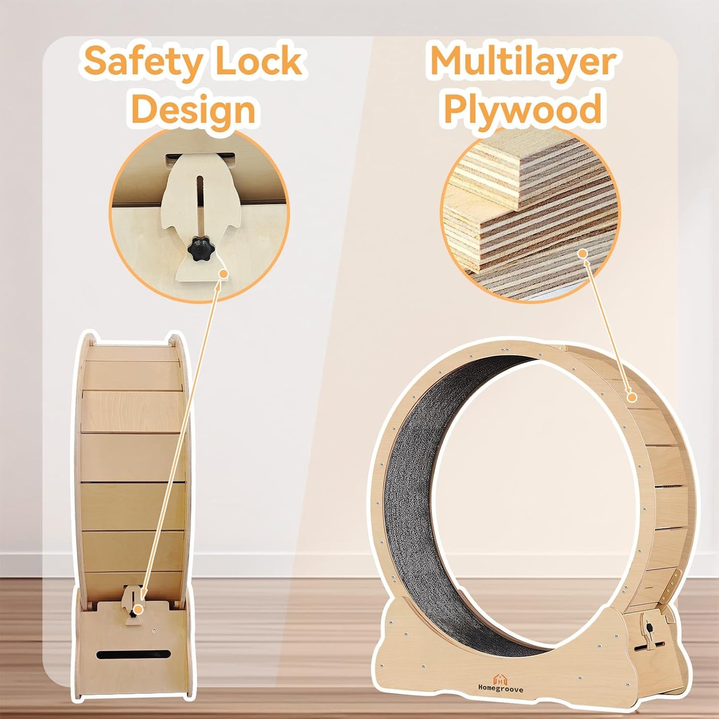 Homegroove 35.4 Inch Cat Exercise Wheels for Indoor Cats, Versatile Cat Toy Running Wheel Treadmill with Detachable Carpet for Weight Loss and Health, Natural Wood Color(M)