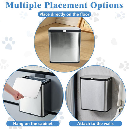 kathson Stainless Steel Cat Litter Scoop Holder, Universal Scooper Storage Caddy, Deep Kitty Litter Trash Can with Lid, Metal Pet Waste Container, Detachable Cat Shovel Holder