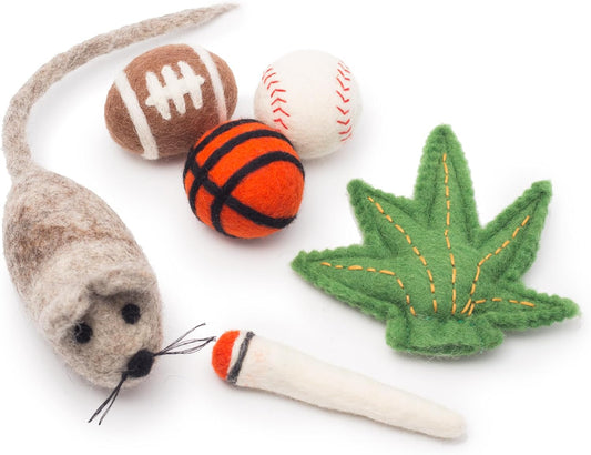 Glaciart One Indoor Catnip Cat Toy Pack - 6pc | Kitty Toys Include Wool Balls, Mouse & Joint Set| for Activity, Exercise & Play | Filled w/Organic Catnip to Excite/Calm Pet | Great Gift Idea