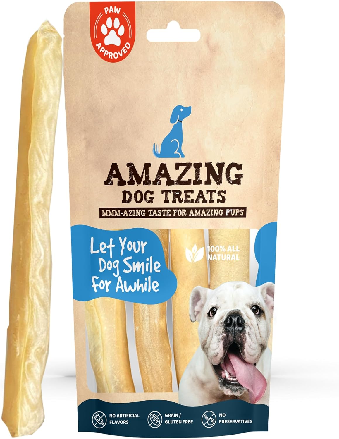 Amazing Dog Treats - Large Collagen Stick - (12 Inch - 4 Count) - Beef Cheek Rolls for Dogs - 100% Pure Collagen Sticks - No Hide Bones