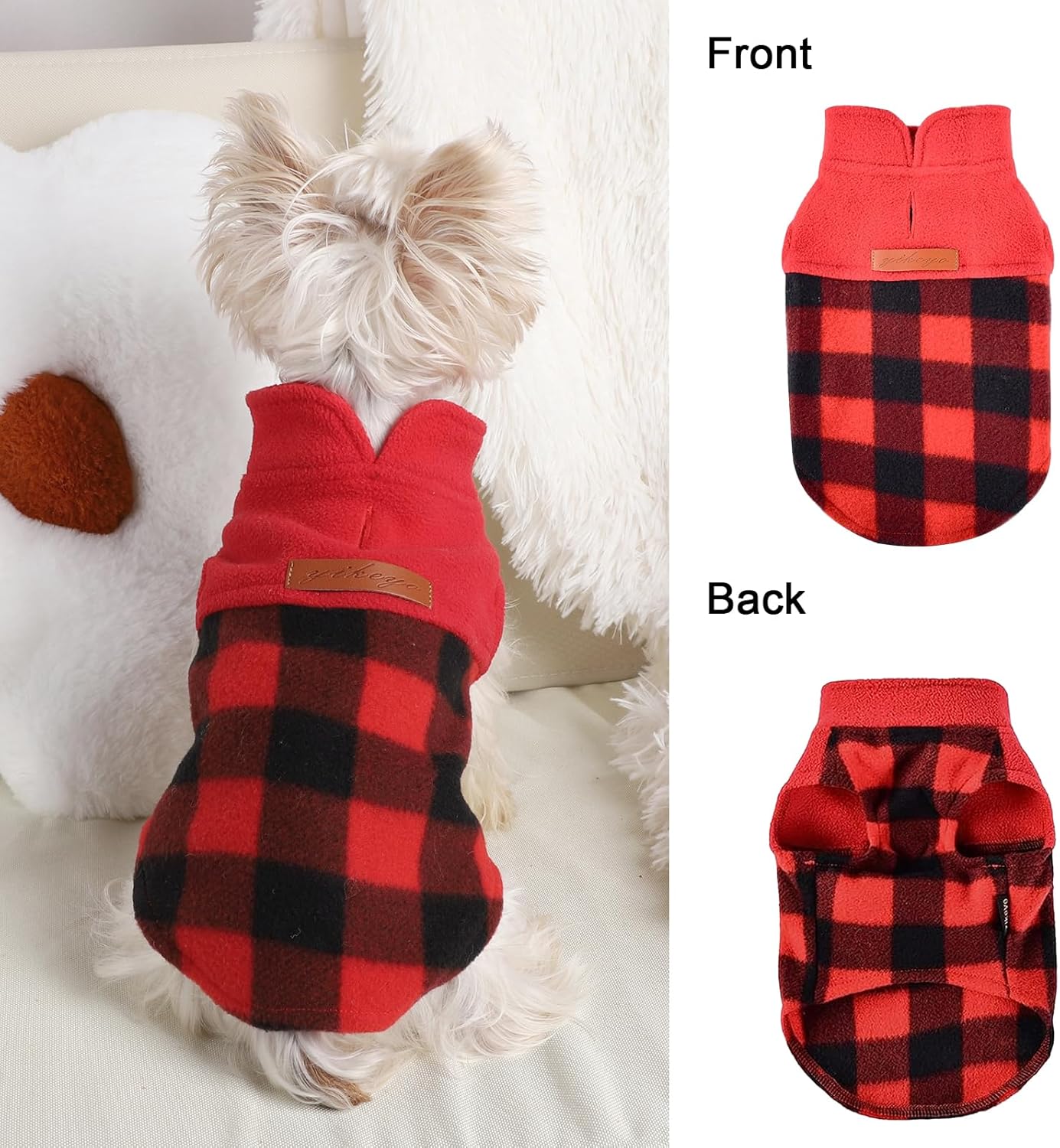 DaFuEn Fleece Dog Sweater, Dog Fleece Vest Winter Coat for Boy Girl, Pet Clothes Pullover, Soft Stretchy Puppy Sweater, Yorkie Teacup Chihuahua Jacket (Red Plaid, XS)