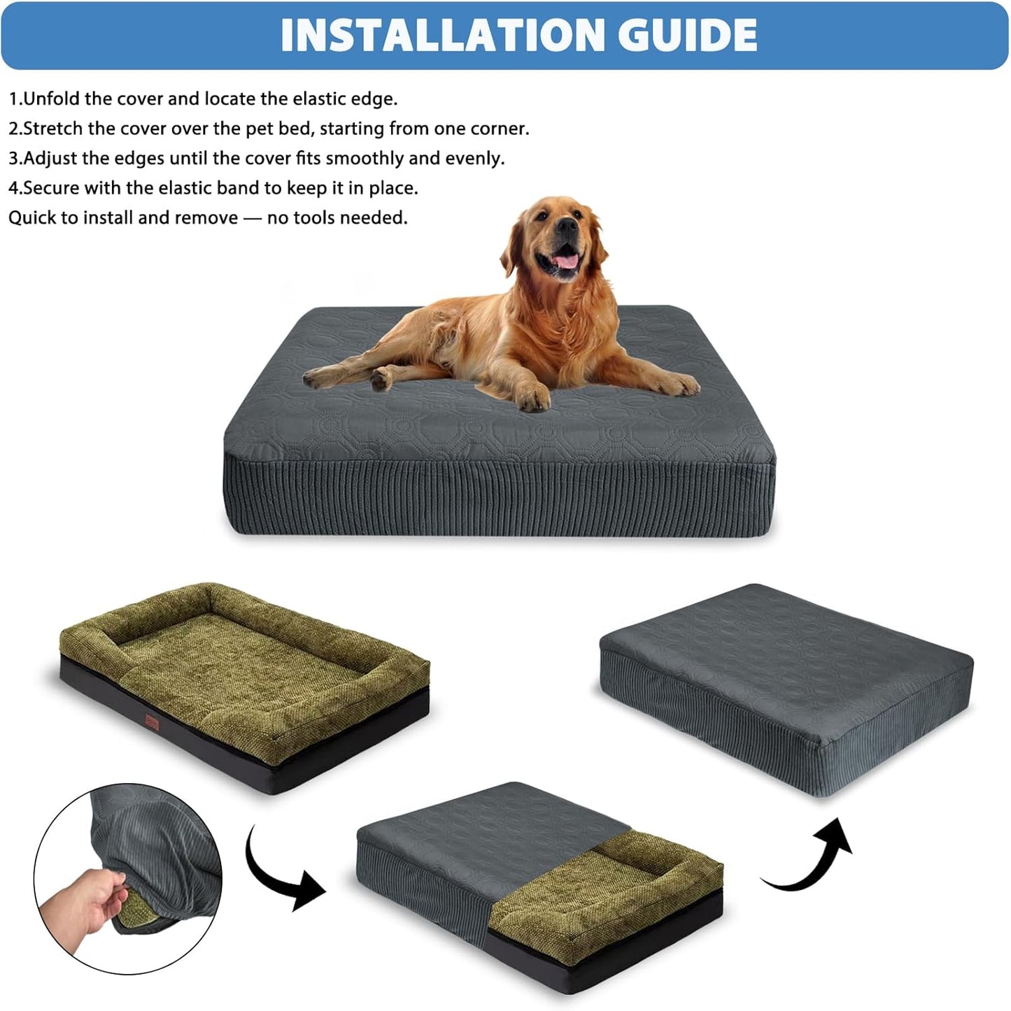 Dog Bed Cover Waterproof, Non-Slip Rectangular Pet Bed Protector for Dogs & Cats, Removable Washable Bed Sheet Replacement,44"x35"x8",Gray,2Pcs,Covers Only