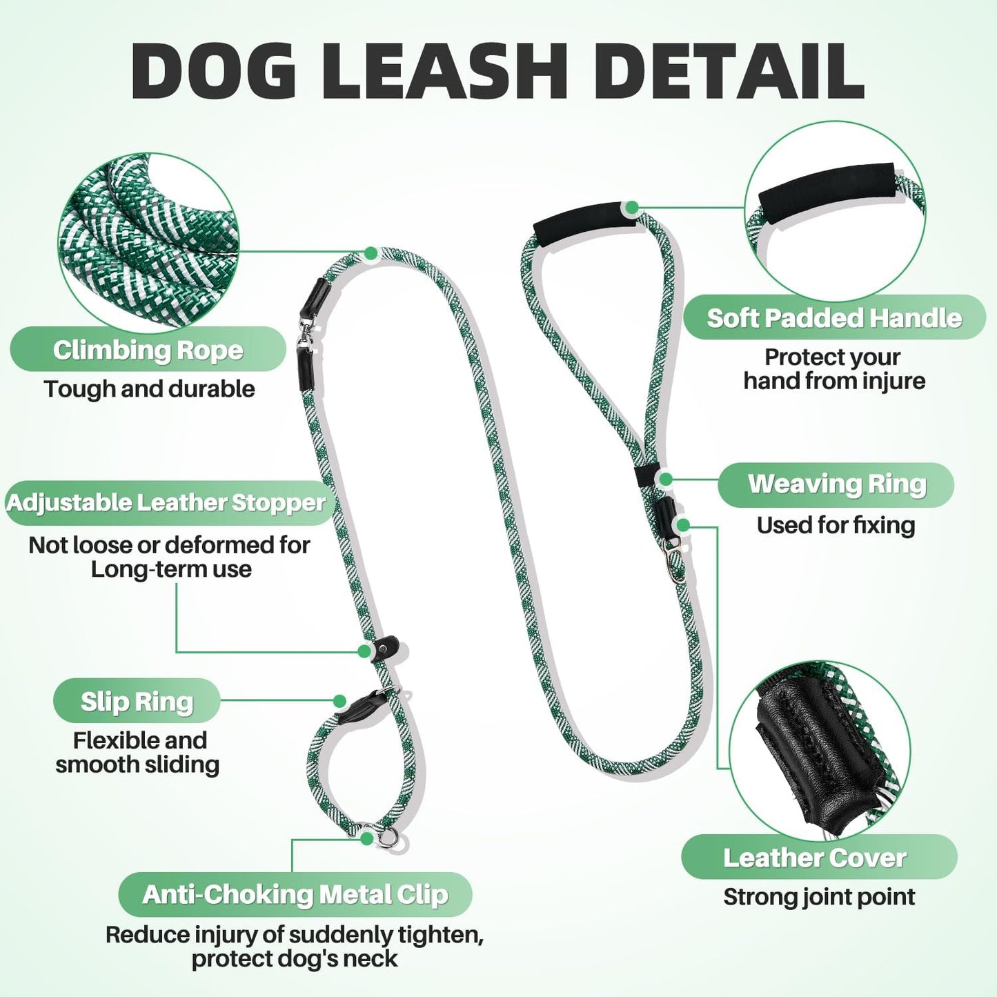 SlowTon Slip Lead Dog Leash, Adjustable 4-6 FT, 1/2” Rope, Heavy Duty Nylon Leashes with Padded Handle & Highly Reflective Threads, No Pull Training Leash for Medium Large Dogs 20-120lb (Green, S)