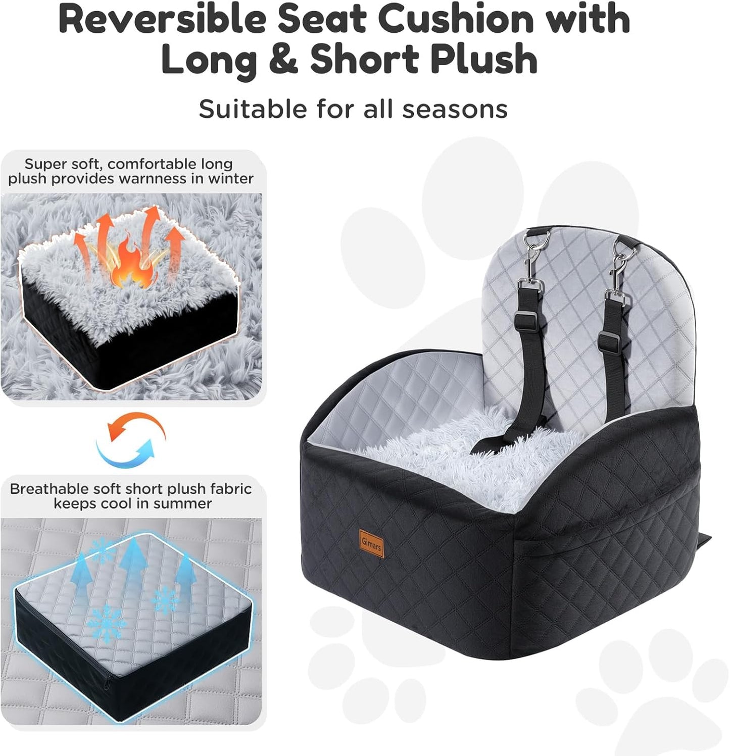 Gimars Upgrade Dog Car Seat with Reversible Long & Short Plush Seat Cushion for Small/Medium Dogs Up to 40lbs, Detachable Washable Anti-Slip Dog Booster Seat with 5.9'' 28D Egg-Crate Foam, S