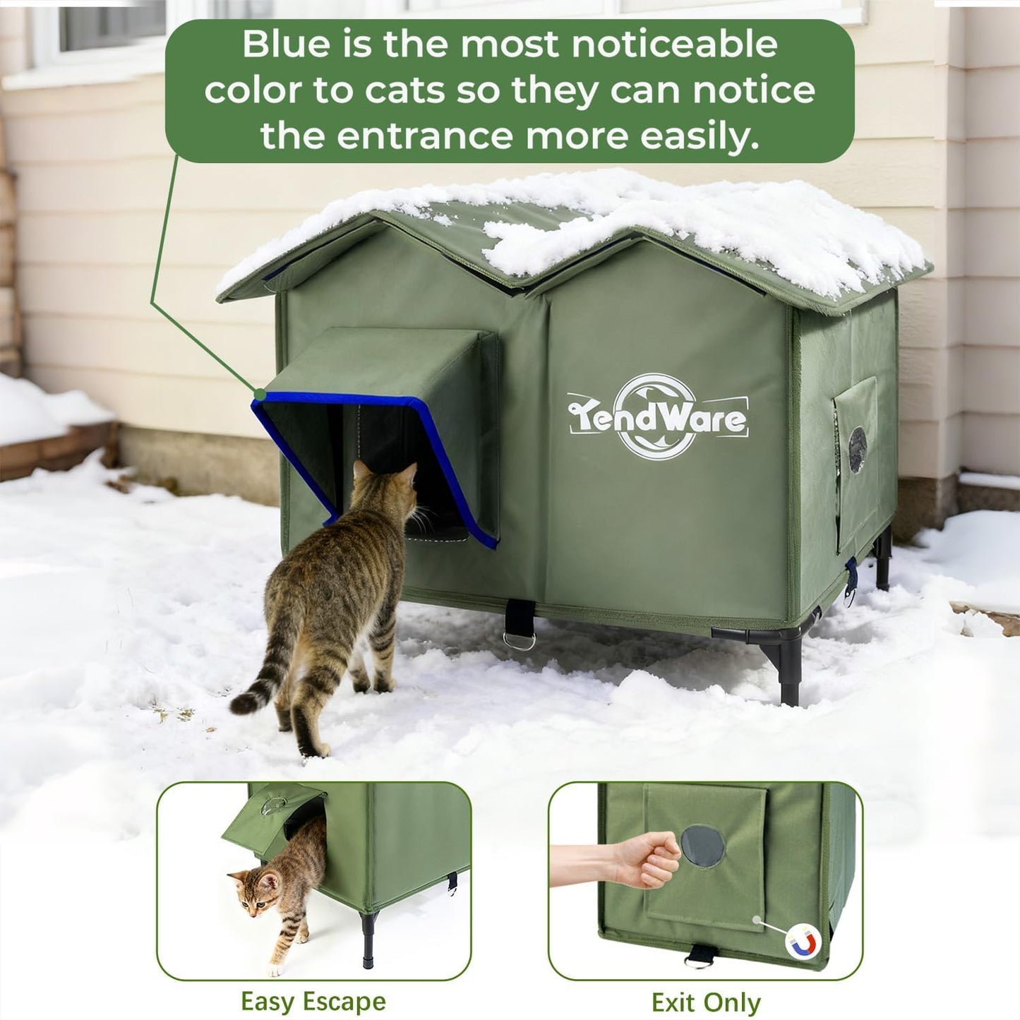 Outdoor Cat House Heated Cat House for Outside with Elevated Base Cat-Attracting Eave Design Feral Stray Shelter Weatherproof in Winter Garage Yard Porch