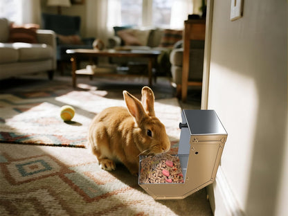 Rabbit Feeder - Small Animal Stainless Steel Gravity Feeding Trough with Lid, Outdoor Durable Cage Feeder Holds Several Days' Food (4 Inch/1.5Lbs)