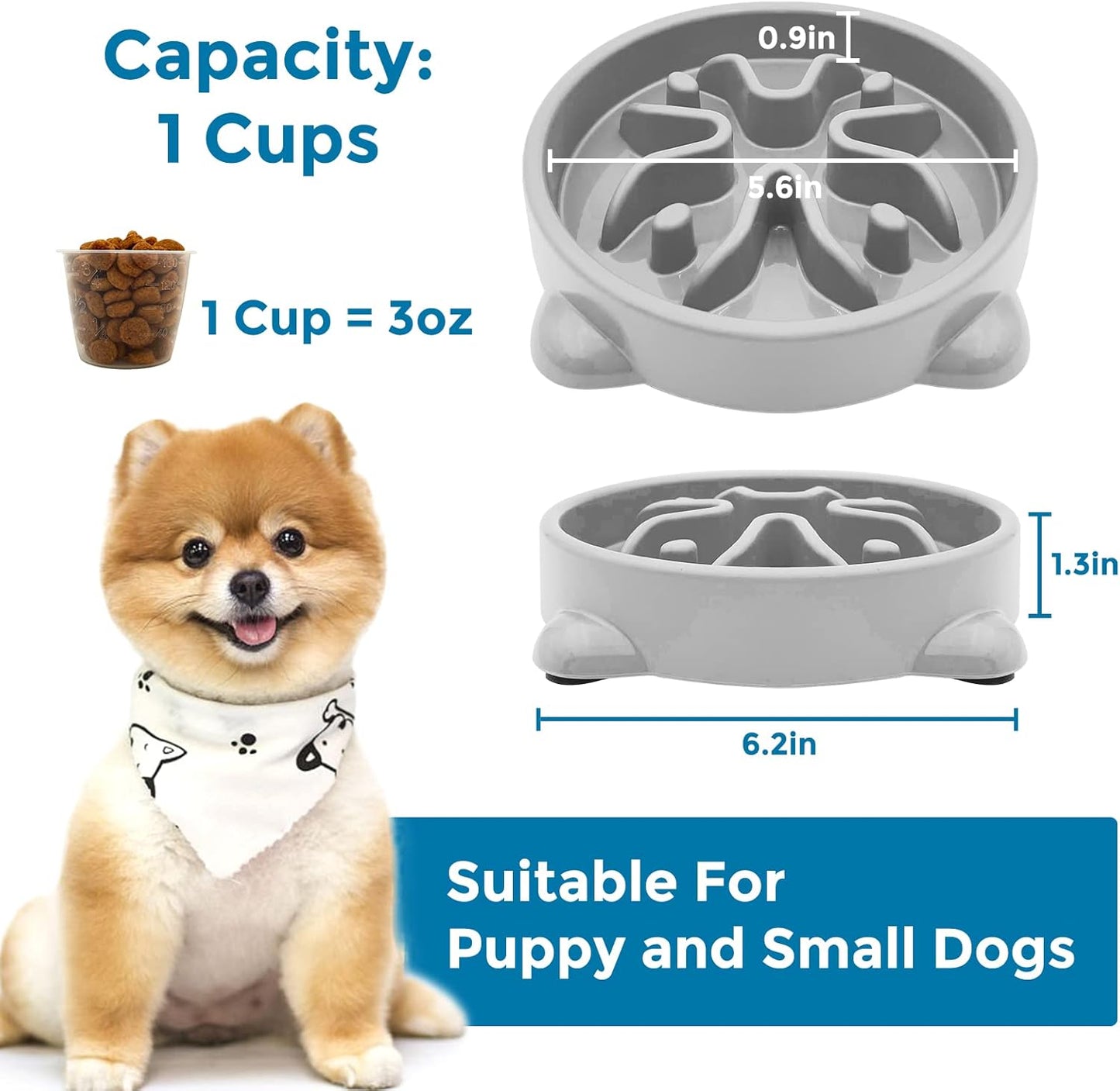 VANNON Slow Feeder Dog Bowls Non Slip Puppy Bowl Durable Dog Puzzle Feeder Bloat Stop Food Bowls for Puppy and Small Dogs, BPA Free, 1 Cup, Grey
