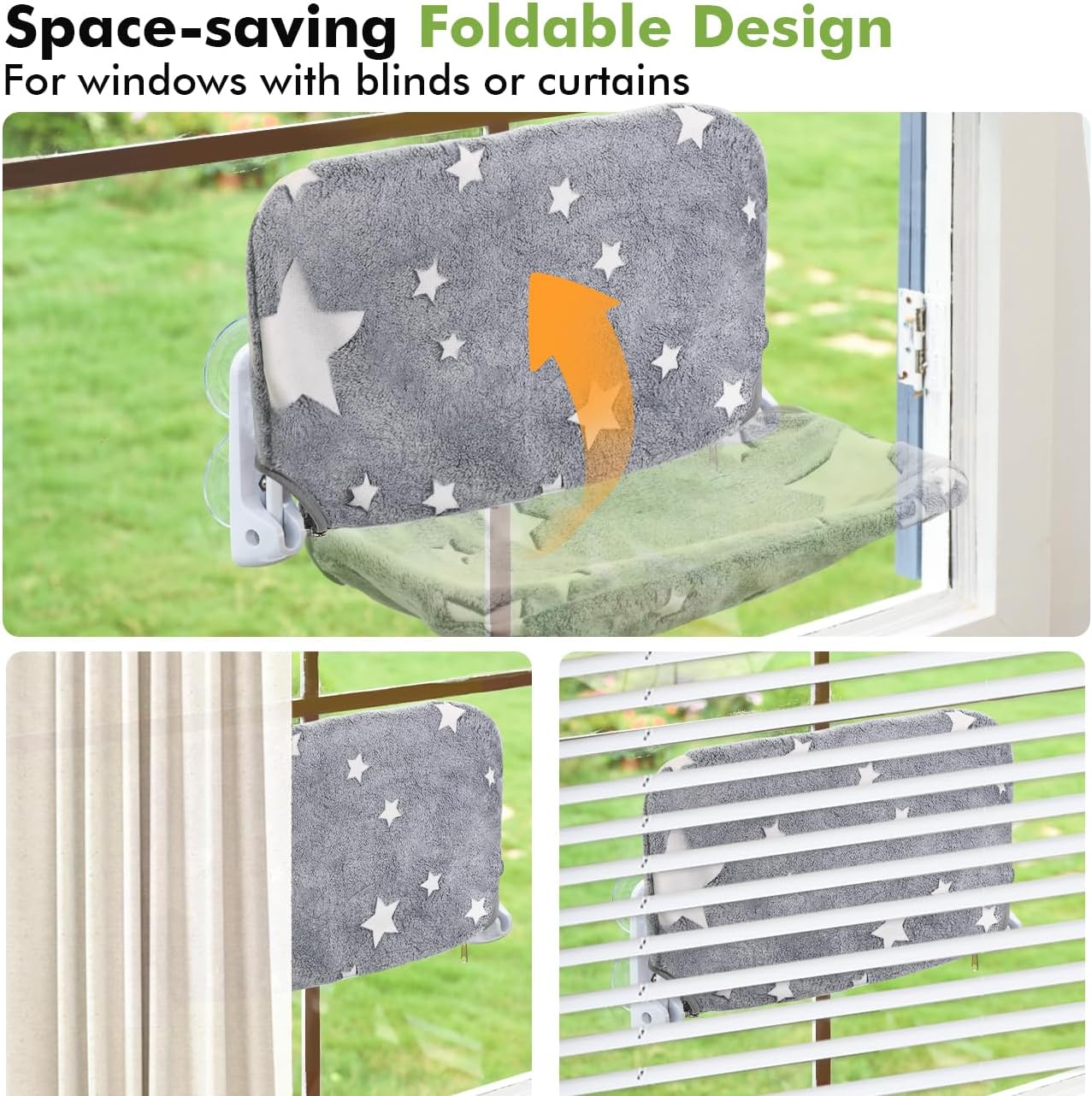 Cat Window Perch, Glow in The Dark Cordless Foldable Pet Hammock Bed for Window with Sturdy Metal Frame, Glowing Stars Pattern Resting Seat for Indoor Cats (Stars - M)