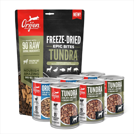 Bundle of ORIJEN Epic Bites Freeze-Dried Dry Dog Food Tundra Recipe 6oz Bag + ORIJEN Real Meat Shreds Wet Dog Food Variety Pack: Tundra + Original Recipes 12.8oz Cans (6 Count, 3 of Each)