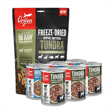 Bundle of ORIJEN Epic Bites Freeze-Dried Dry Dog Food Tundra Recipe 6oz Bag + ORIJEN Real Meat Shreds Wet Dog Food Variety Pack: Tundra + Original Recipes 12.8oz Cans (6 Count, 3 of Each)