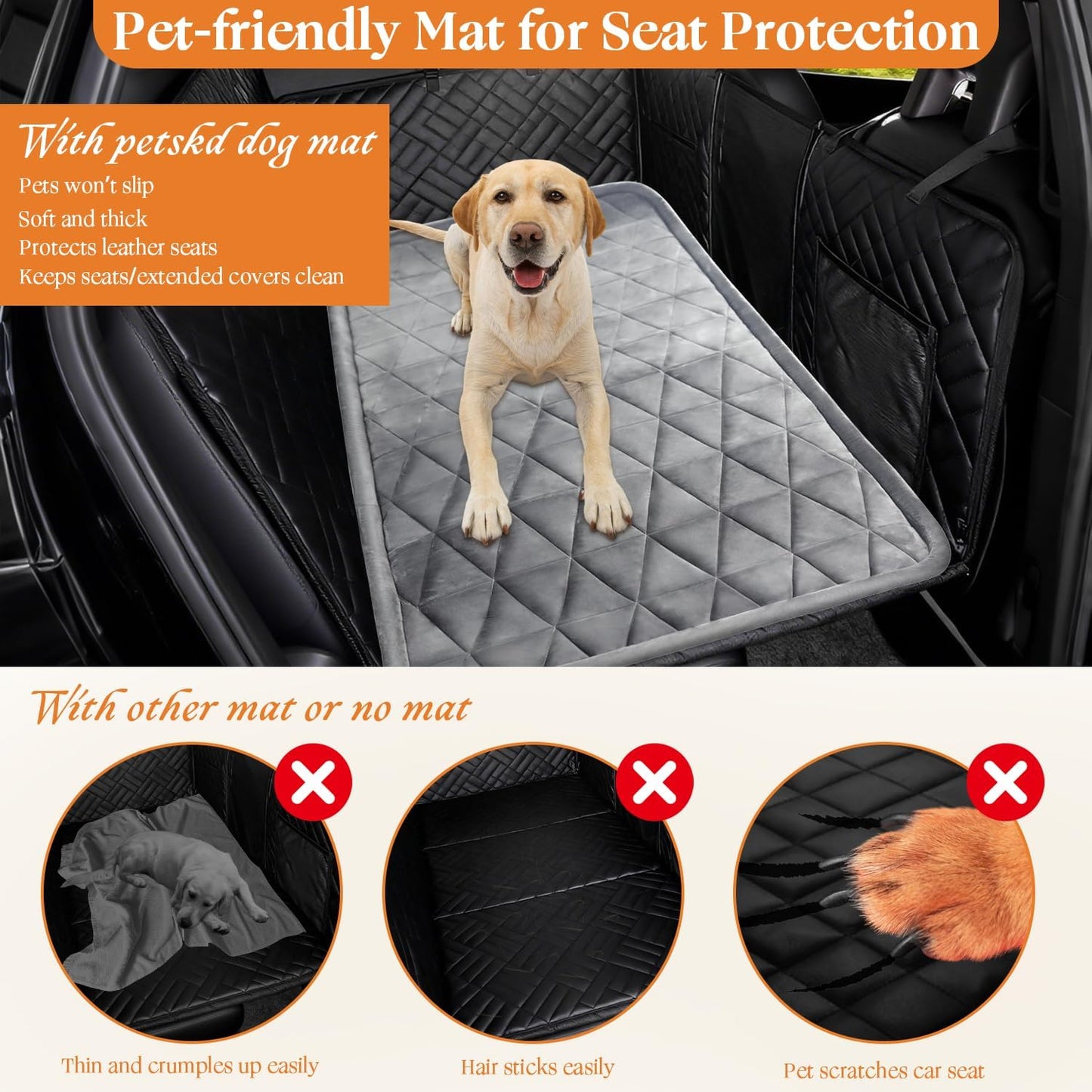 Petskd Non-Slip Dog Bed for Car Back Seat Cover, Soft Pet Mat fits Backseat Extenders, Portable and Easy Clean Dog Mats for Trucks, SUVs, Couch, Camping(Grey)