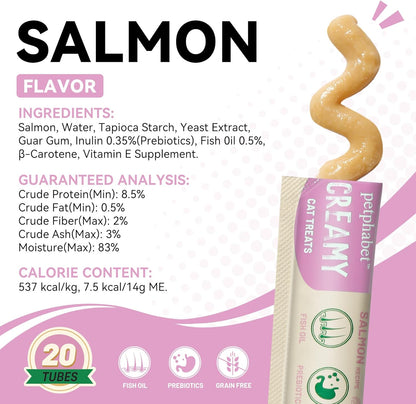 PETPHABET Lickable Cat Treats Squeeze, Creamy Puree Squeezable Wet Kitten Treats, Salmon Recipe 20 Tubes, Paste Snacks for Skin & Coat Health, Digestive Care, High Protein, Grain Free