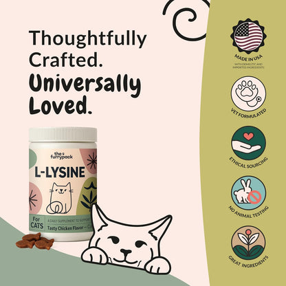 L-Lysine for Cats - 250mg per Chew, 150 Soft Chicken Flavor Chews to Replace Messy Powders and Pills, Turn Supplement Time Into Treats, Made in USA, Daily Immune Support, Picky Eaters