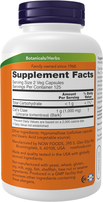 NOW Supplements, Cat's Claw 500 mg, Non-GMO Project Verified, Herbal Supplement, 250 Count (Pack of 1)
