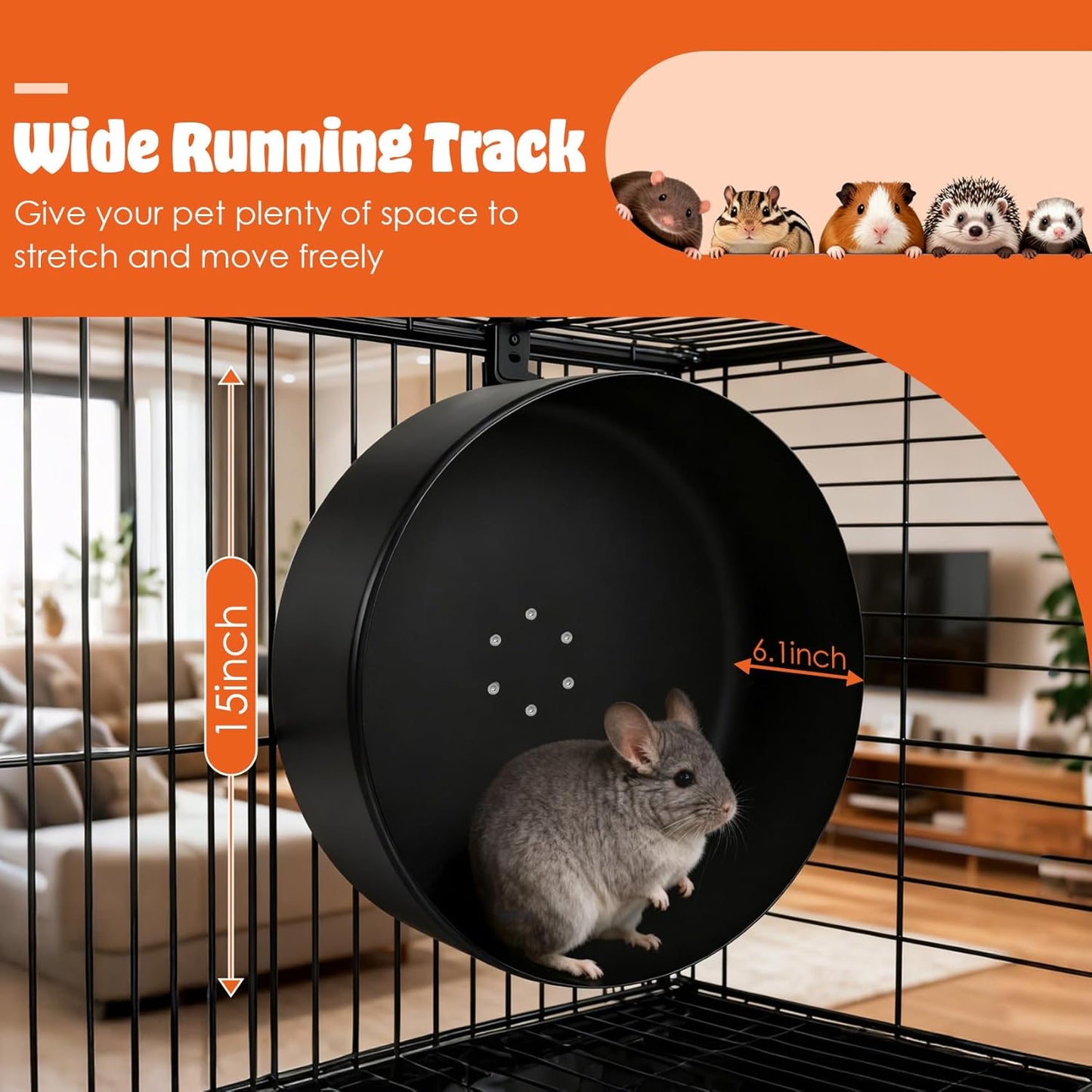 Enhanced 15" Aluminum Alloy Exercise Wheel for Chinchillas, Ultra-Quiet Noiseless Running Wheel with Wide Track for Hamsters, Hedgehogs, Squirrels and Other Small Pets, Durable Easy-Clean Design