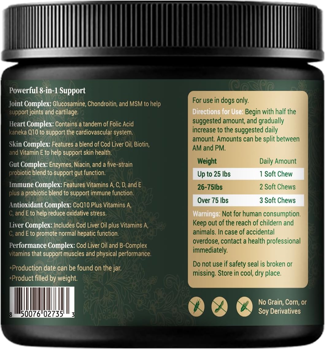 Barrow & Hound - 8-in-1 Multivitamin for Dogs – 120 Soft Chews with Glucosamine, Omega 3, Probiotics, Vitamins A–C–D–E & B-Complex – All-in-One Daily Health Supplement – Natural Chicken Flavor