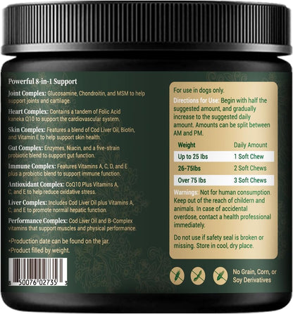 Barrow & Hound - 8-in-1 Multivitamin for Dogs – 120 Soft Chews with Glucosamine, Omega 3, Probiotics, Vitamins A–C–D–E & B-Complex – All-in-One Daily Health Supplement – Natural Chicken Flavor