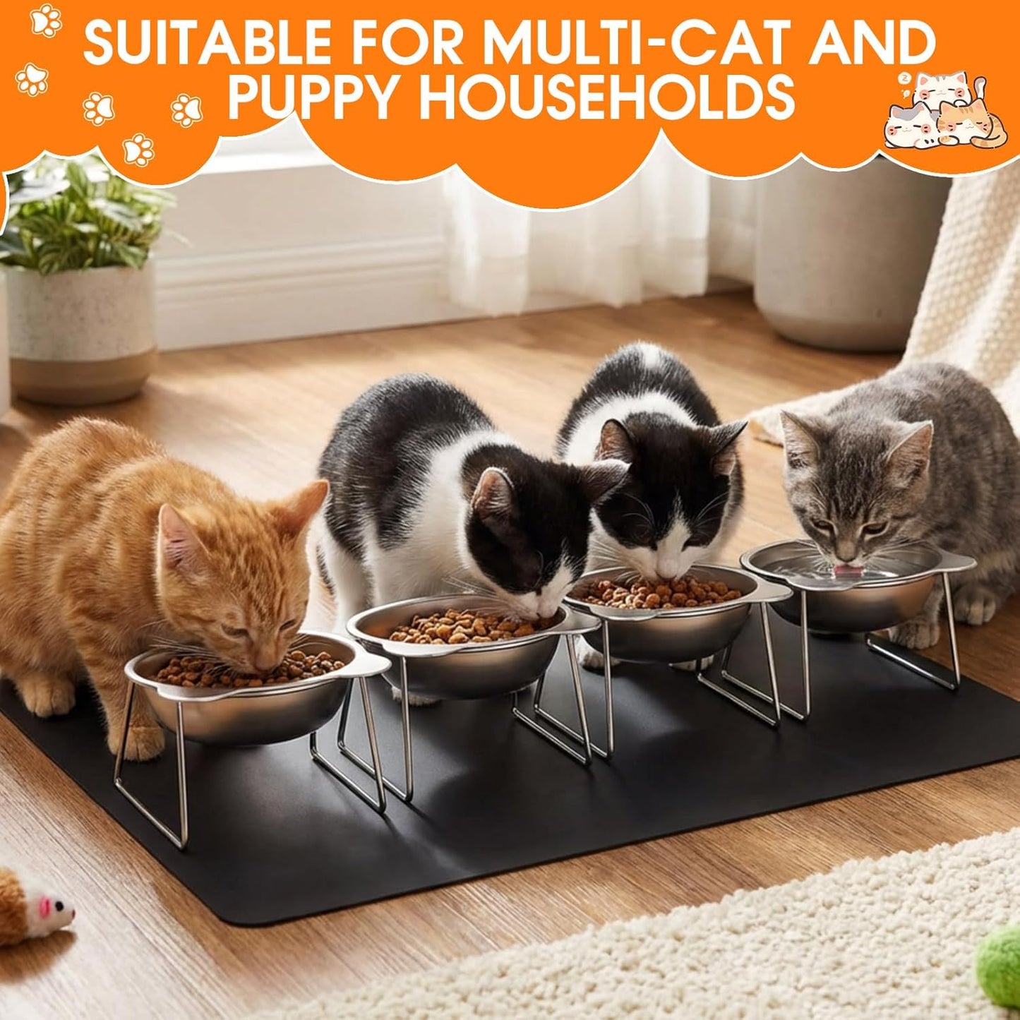 4 Set Elevated Cat Food Water Bowls 15°Tilted Stand Anti Vomiting Raised Dishes with Food Silicone Mat Stainless Steel Whiskers Friendly Cat Bowls for Multiple Cats and Puppy