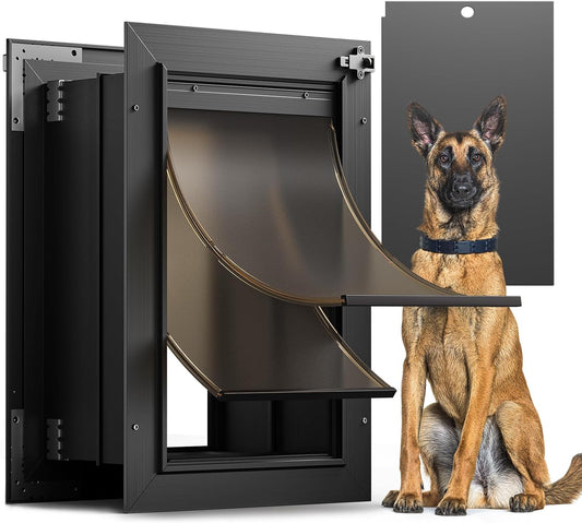 Dog Door for Wall, All Aluminum Large Doggy Door Doggie door, Pet Door Easy to Install, 2 Magnetic Flaps Energy Efficient, Wide Telescoping Tunnel for Interior & Exterior Walls, Pet Up to 110 Lb-Black
