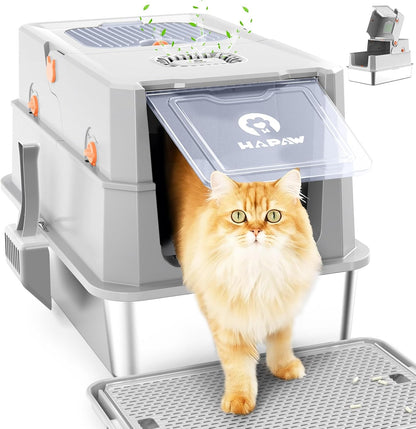 Stainless Steel Litter Box with Lid, Anti-Leakage Enclosed Metal Litter Box, Flip-Top Extra Large Kitty Litter Pan with Scoop & Pedal, Odor Free, Front & Top Dual Entry, Light Gray