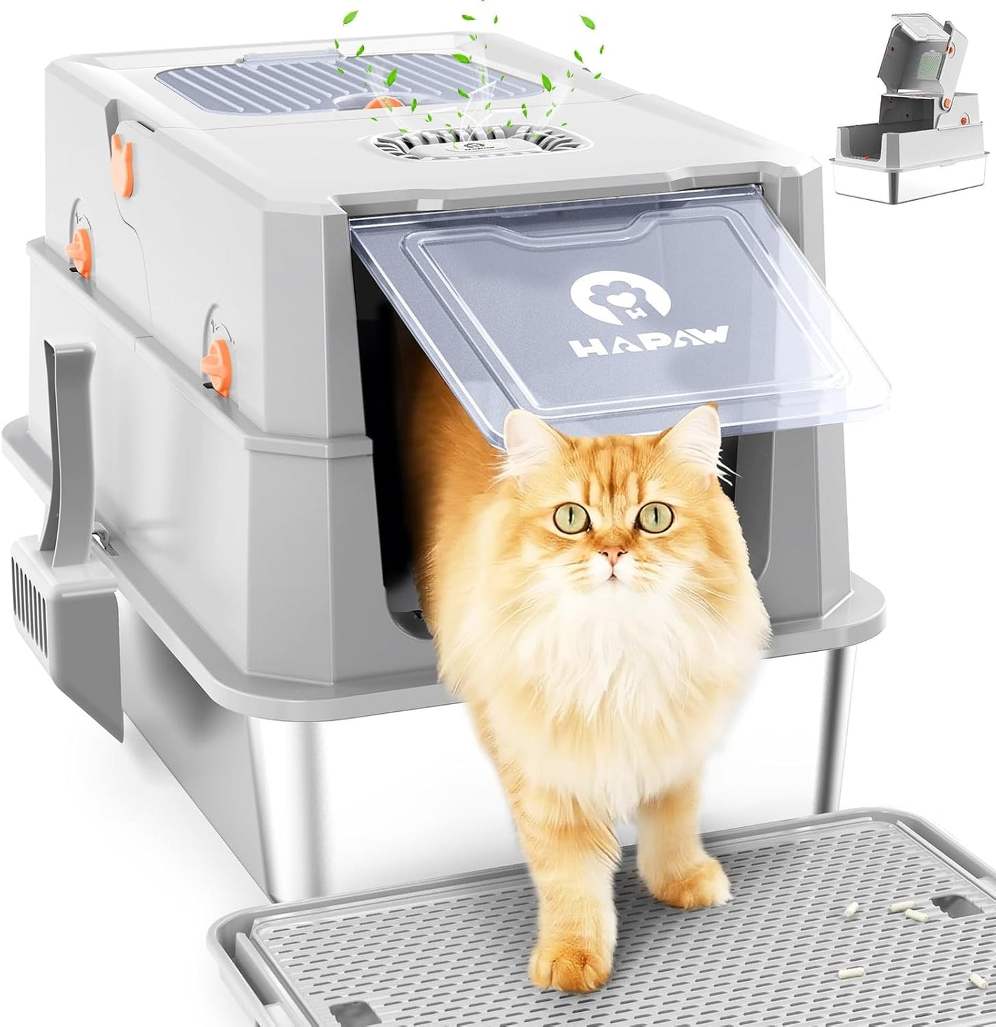 Stainless Steel Litter Box with Lid, Anti-Leakage Enclosed Metal Litter Box, Flip-Top Extra Large Kitty Litter Pan with Scoop & Pedal, Odor Free, Front & Top Dual Entry, Light Gray