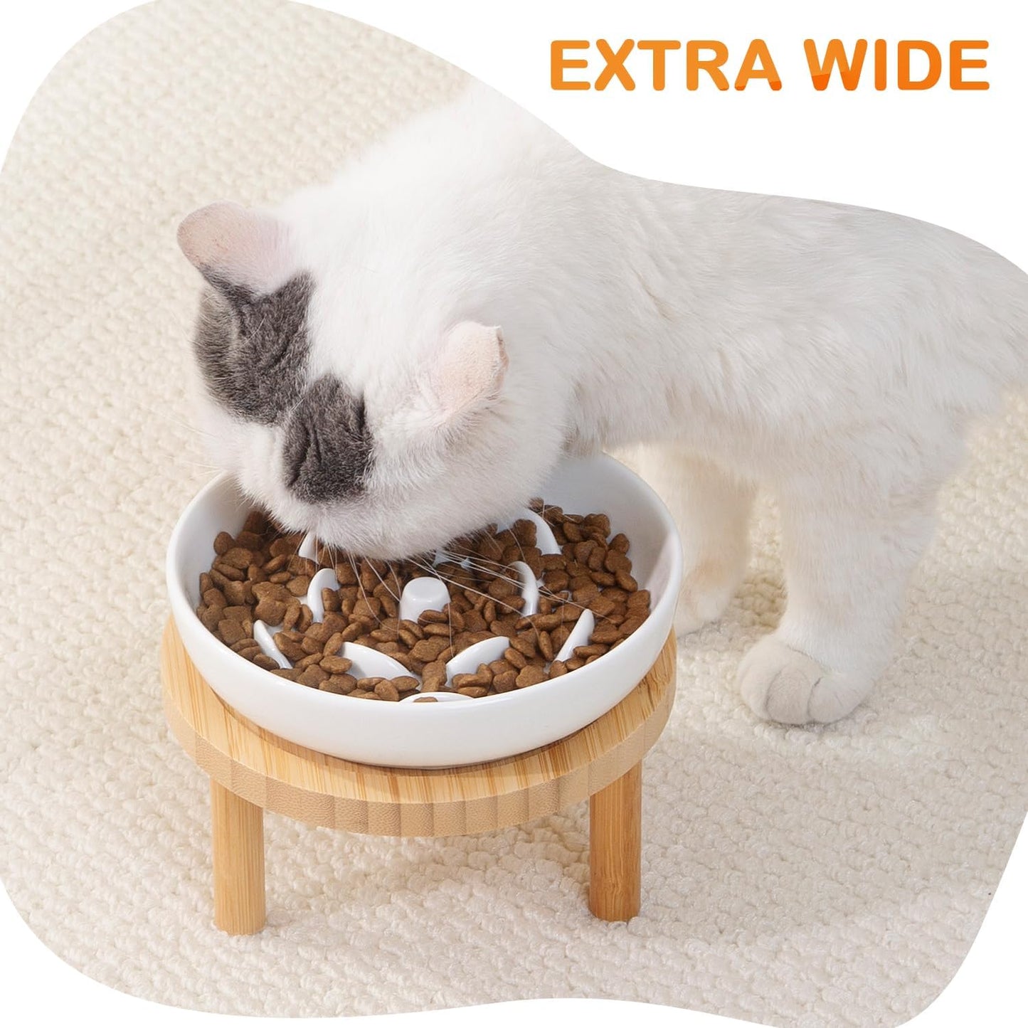 Raised Slow Feeder Cat Bowl, 5.9 Inch Wide Shallow Ceramic Elevated Glass Food Bowl Puzzle Feeders, Anti Vomit Cat Dish, Whisker Friendly Pet Plates Feeding Station for Indoor Cats, Kitten(1 Set)