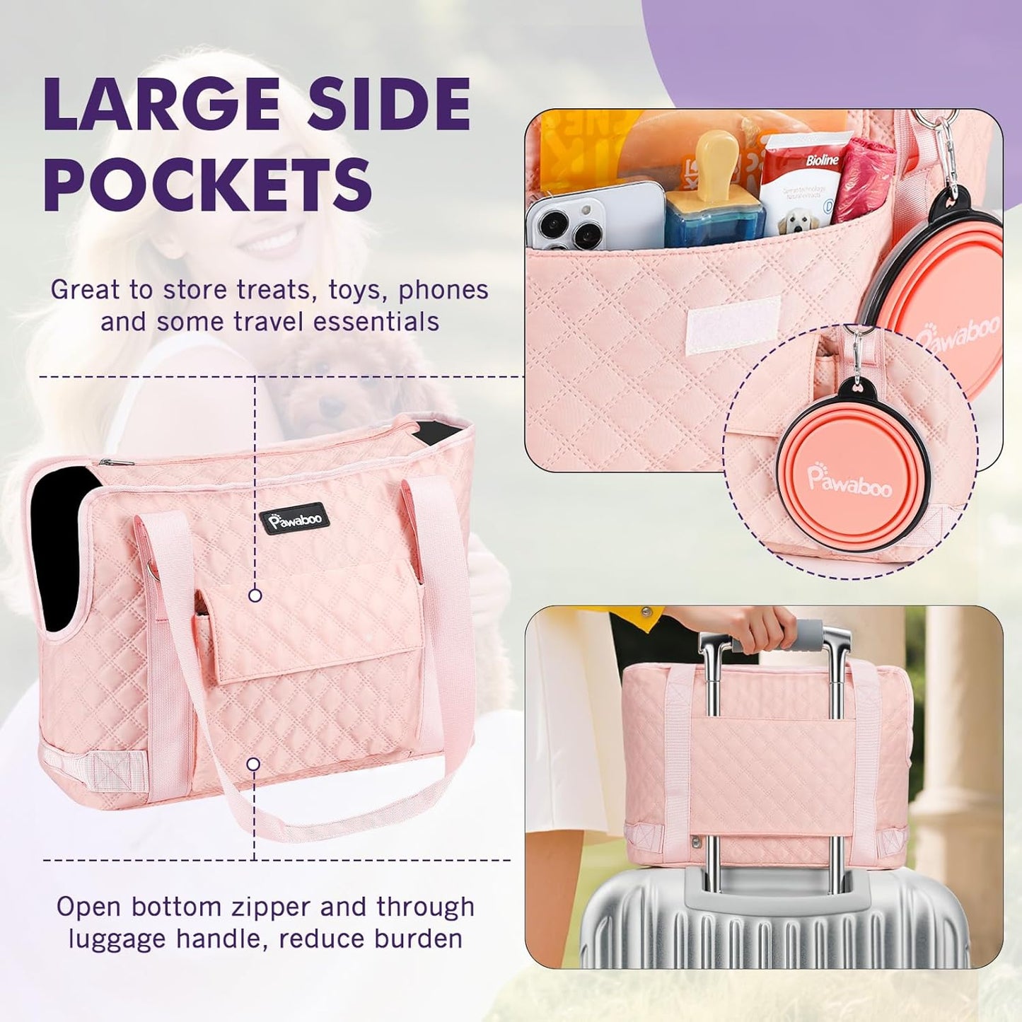 Pawaboo Dog Purse Carrier for Small Dogs with Pocket, Lightweight Dogs and Puppies Tote Bag Carrier, Dog Carriers Soft Sided for Puppy Cat Rabbit, Shopping Travel Puppy Carriers Under 11 LBS, Pink