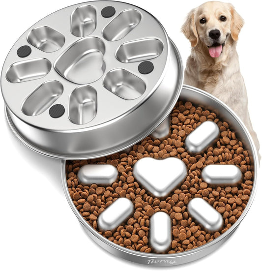 Slow Feeder Dog Bowls, 304 Stainless Steel Slow Feed Pet Bowl with Non-Slip Base for Medium Breed Dogs to Stop Bloat Prevent Choking, Dishwasher Safe, Silver