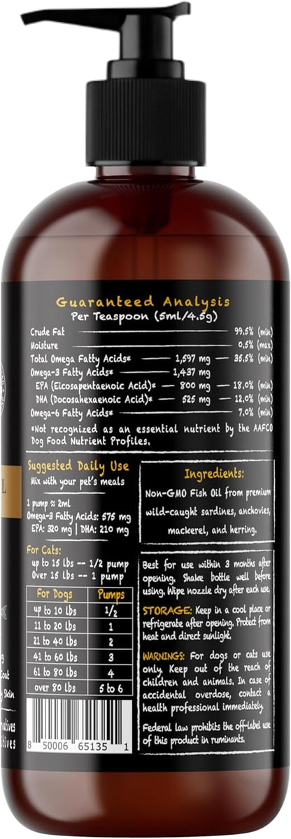 Rich Omega-3 Fish Oil for Dogs & Cats | Natural EPA + DHA Fatty Acids for Shiny Coat, Reduce Itchy Skin, Support Joint Function, Immune & Heart Health, 16 FL OZ