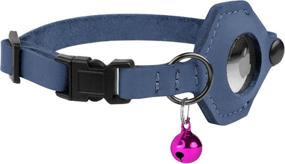 Breakaway Airtag Cat Collar with Removable Bell - Leather Soft Pet Collar with Apple Air Tag Holder - Adjustable GPS Collars for Girl Boy Cats Kitten Puppy - Lightweight, Cute and Comfortable (Blue)