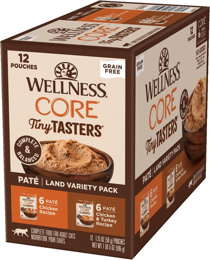 Wellness CORE Tiny Tasters Pate Adult Wet Cat Food, Natural, Protein-Rich, Grain Free, 1.75-Ounce Pouch, 12 Pack, (Land Variety Pack)