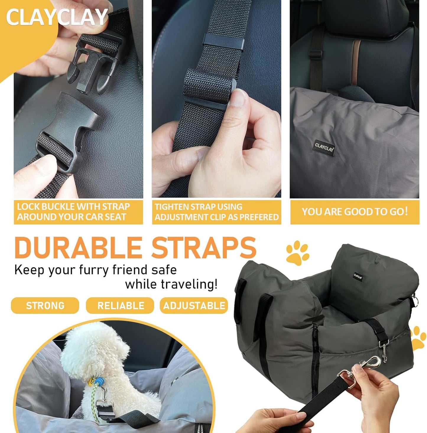 Dog Car Seat for Small Dogs - Soft Booster Seat with Safety Strap, Waterproof & Washable Pet Travel Carrier Bed, Portable Puppy Carseat with Storage for Car Travel Comfort
