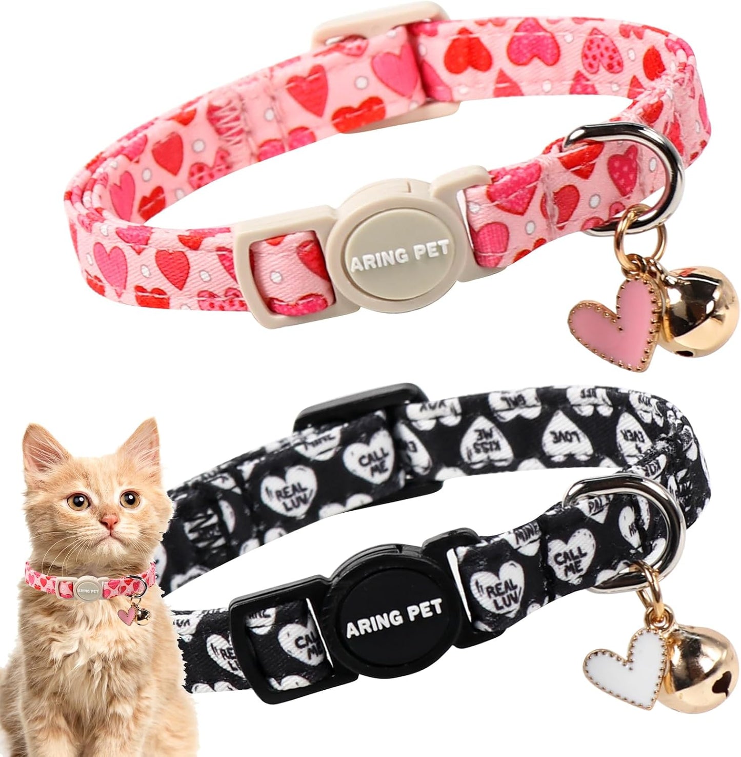 ARING PET 2 Pack Valentine's Day Cat Collar, Breakaway Kitten Small Black White Pink Heart Collars with Bells for Girl Boy Cats