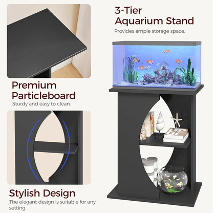 10 Gallon Fish Tank Stand, Wooden Aquarium Stand with 3-Tier Storage Shelves, Heavy Duty Turtle Reptile Terrarium Tank Stand for Home Office, 23.6" L x 11.8" W x 29.9" H, Black FTBK7601