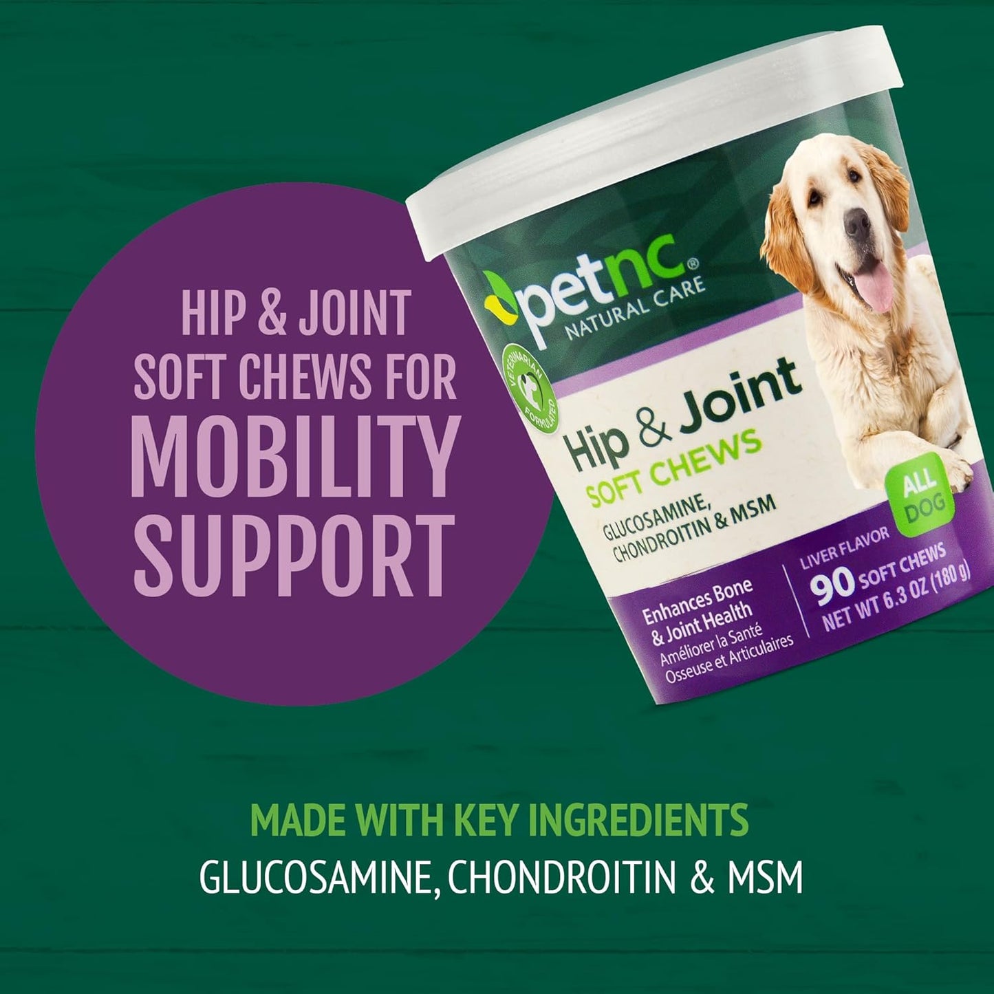 Petnc Natural Care Hip & Joint Health Supplement for Dogs (90 Chews), Glucosamine Chondroitin MSM Dog Chews with Hyaluronic Acid, Liver Flavored Bone & Joint Support Supplement, For All Breeds