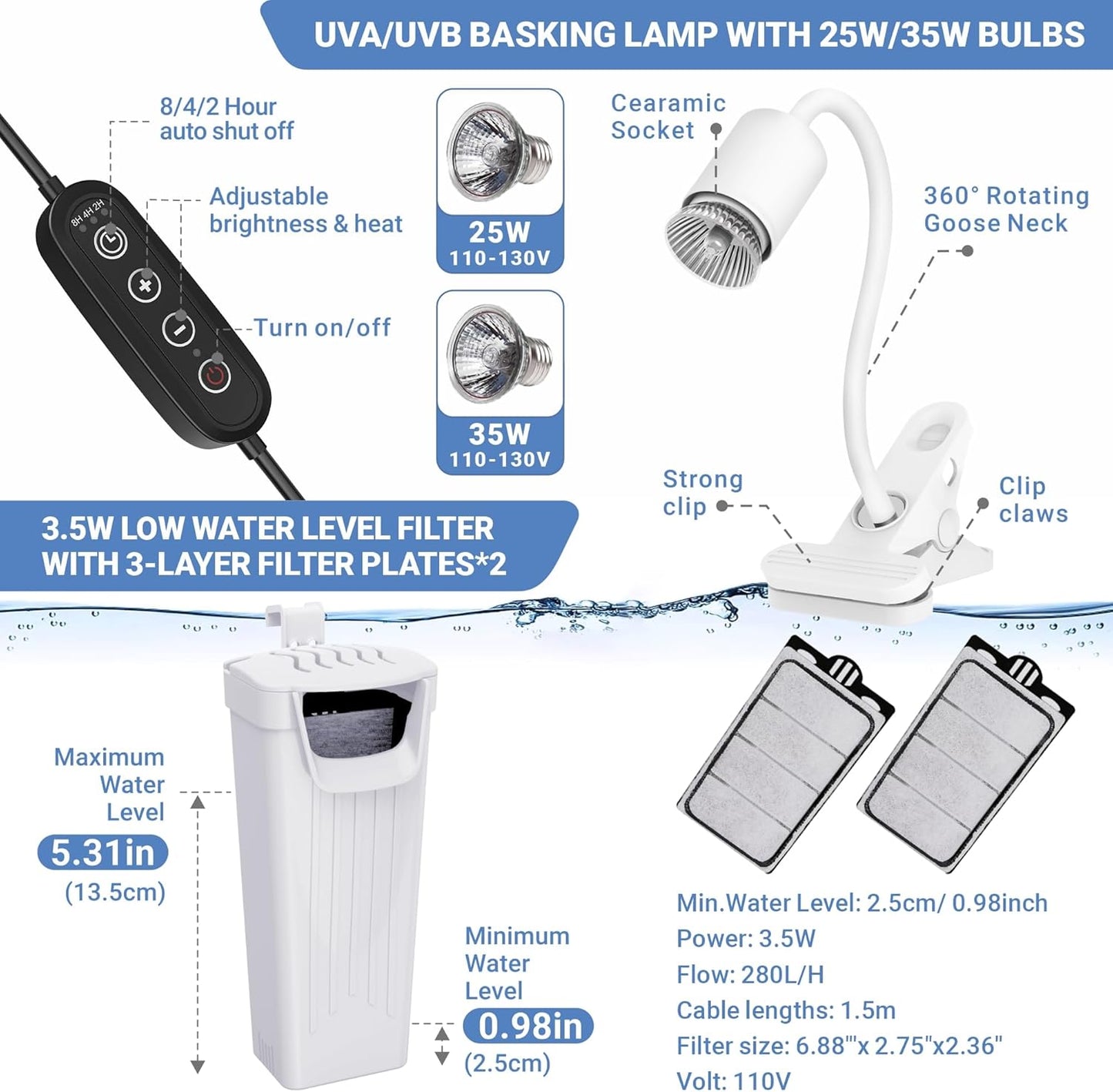 GOZILLA Aquatic Turtle Tank+Lamp+Filter Kit, Upgrade PC Turtle Tank Starter Kit with Adjustable 360°Lamp & Filter,Reptile Habitat Lid,Hanging Platform for Small Reptiles.(15.75×7.9×9''/White)