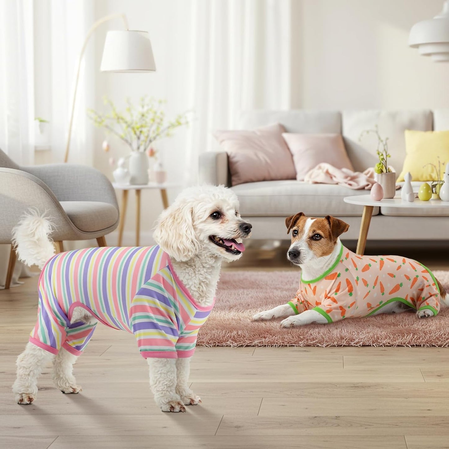 Vehomy 4-Pack Pet Dog Easter Pajama Puppy Easter Onesies Cat Pjs with Easter Egg Carrot Bunny Stripes Patterns for Small Dogs Easter Dog Clothes Outfits Shirts Jumpsuits XXL