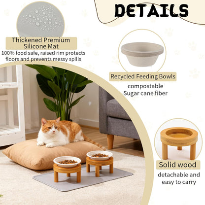 LemonRoad 53 Pcs Disposable Cat Bowls with Food Mat 50 Compostable Disposable Pet Bowls 2 Elevated Wooden Stand Cat Food and Water Dishes for Cats Puppies Travel Camping Outdoor Use