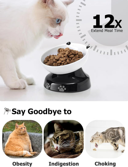 Y YHY Ceramic Cat Slow Feeder, Elevated Dog Food Bowl Tilted Design, Slow Feeder Bowl no Black Chin, Cat Shape for Dry and Wet Food