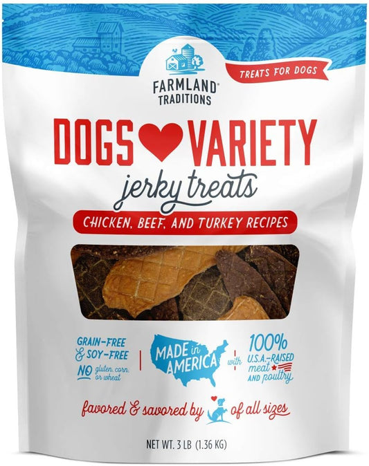 Farmland Traditions Dogs Love Jerky Dog Treats, Premium Dog Jerky Variety Pack with Chicken, Beef & Turkey, 3 Pound Bag