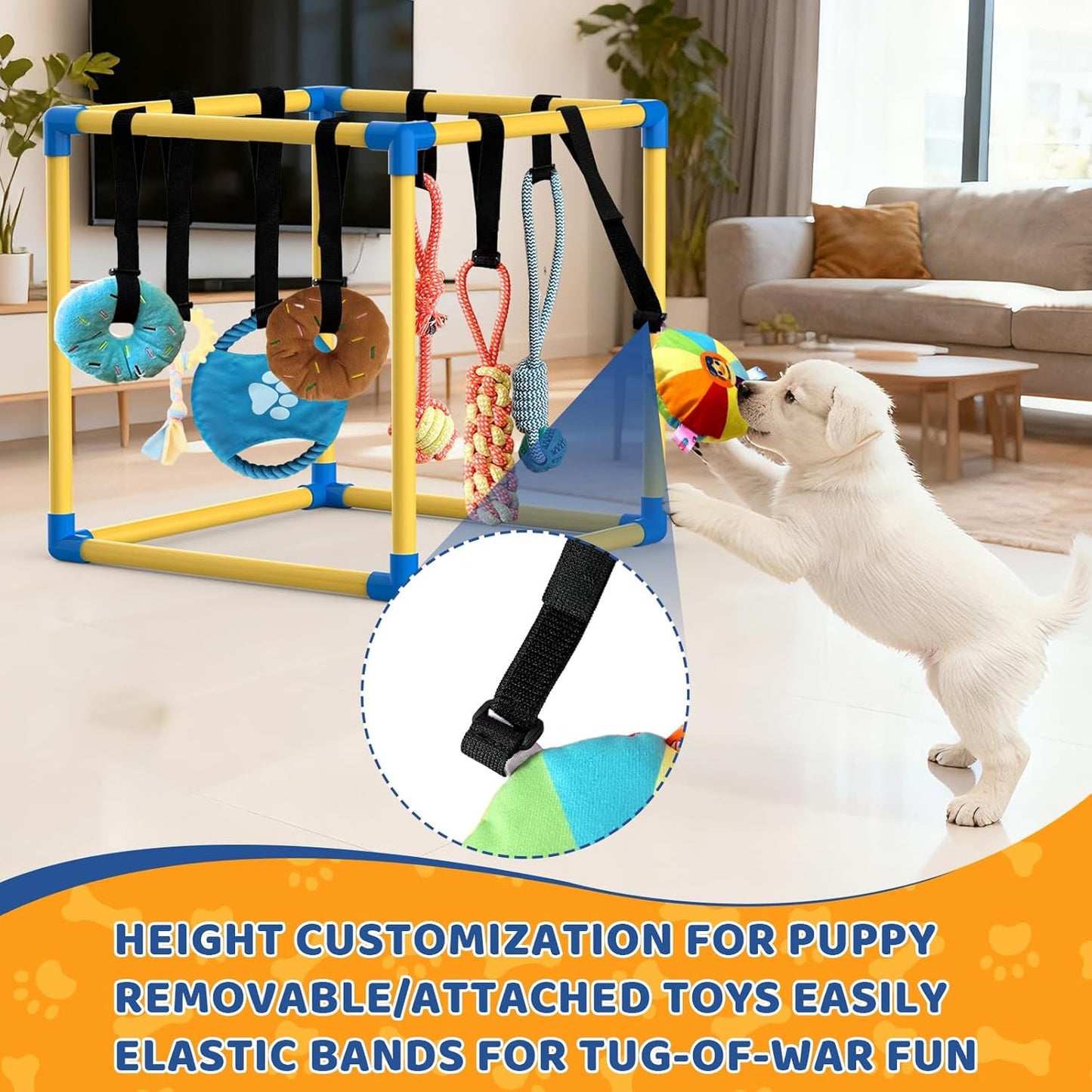 Puppy Play Gym with 8 Hanging Toys Indoor Play Gym Interactive Dog Toys for Boredom Enrichment Activity for Small Dog Teething PVC Frame Stretchy Rope with Velcro (19.6 x 19.6 x 19.6 inch)