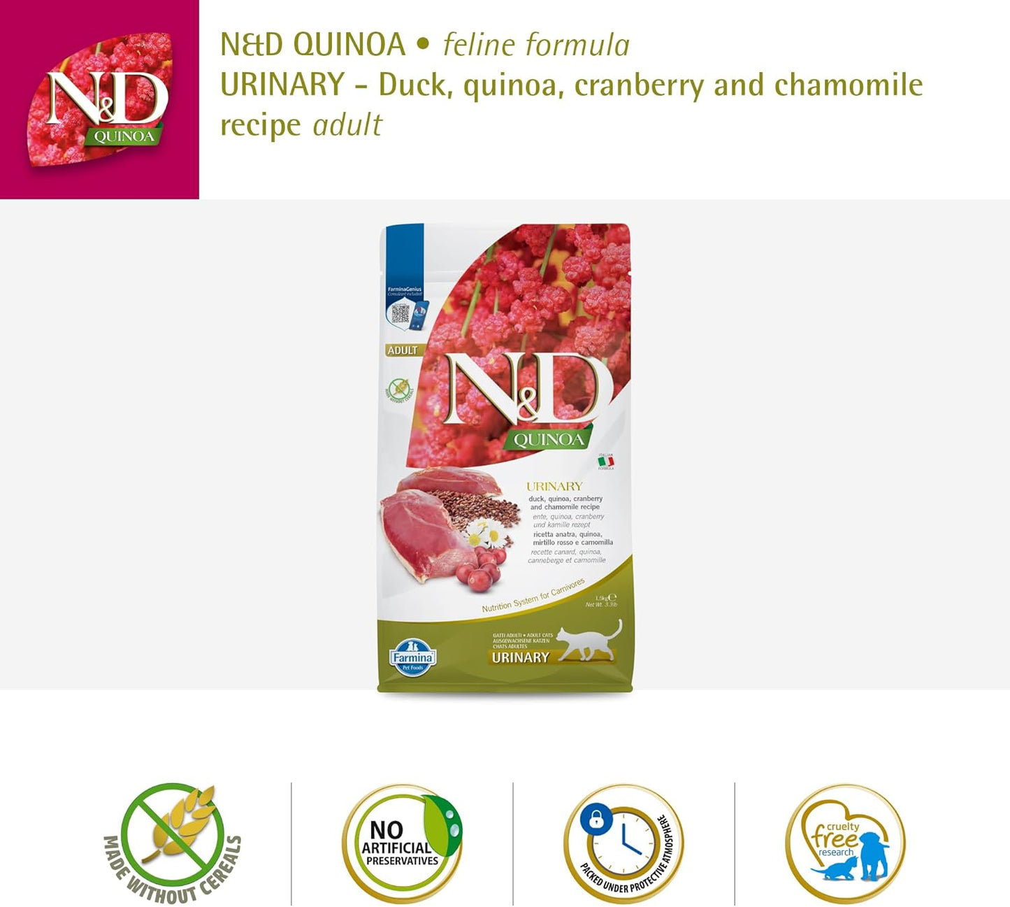 Farmina N&D, Quinoa Urinary Duck Formula Adult Dry Cat Food, 3.3lb