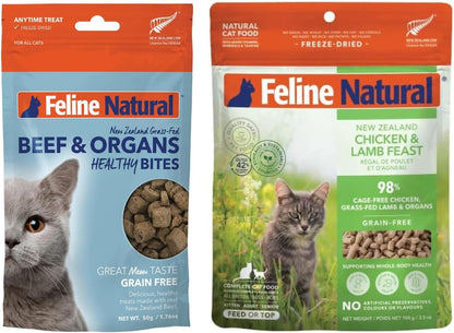 Feline Natural Freeze-Dried Cat Bundle – Beef Bites Treats (1.76oz) & Chicken & Lamb Food (3.5oz) – High Protein, Grain Free, Made in New Zealand