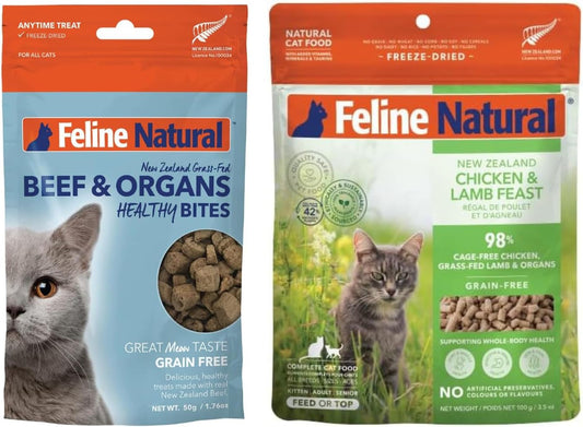 Feline Natural Freeze-Dried Cat Bundle – Beef Bites Treats (1.76oz) & Chicken & Lamb Food (3.5oz) – High Protein, Grain Free, Made in New Zealand