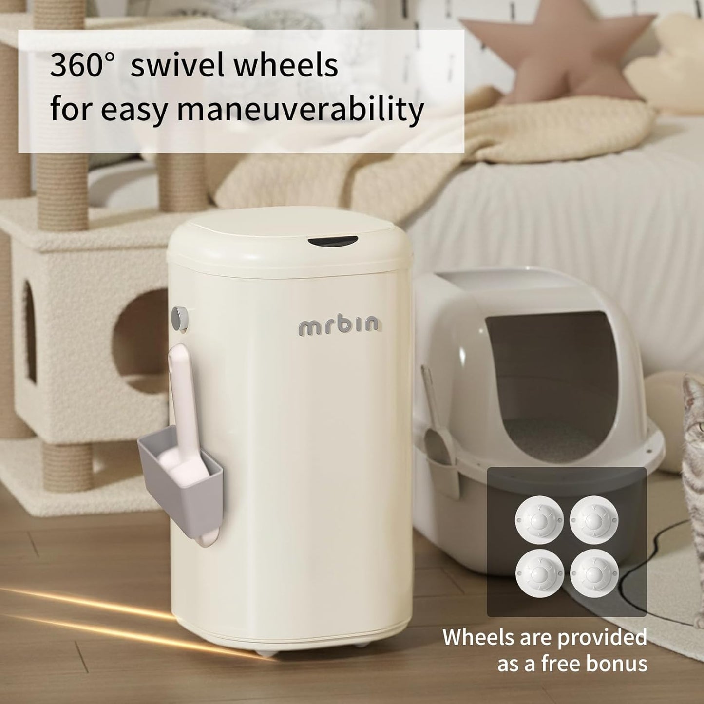 MRBIN Cat Litter Trash can Adsorption Metal, 18L / 4.8gal Automatic Absorbing Bag Diaper Pail, Garbage Bin with Wheels, cat Poop Odor Control Litter Box, Motion Sensor