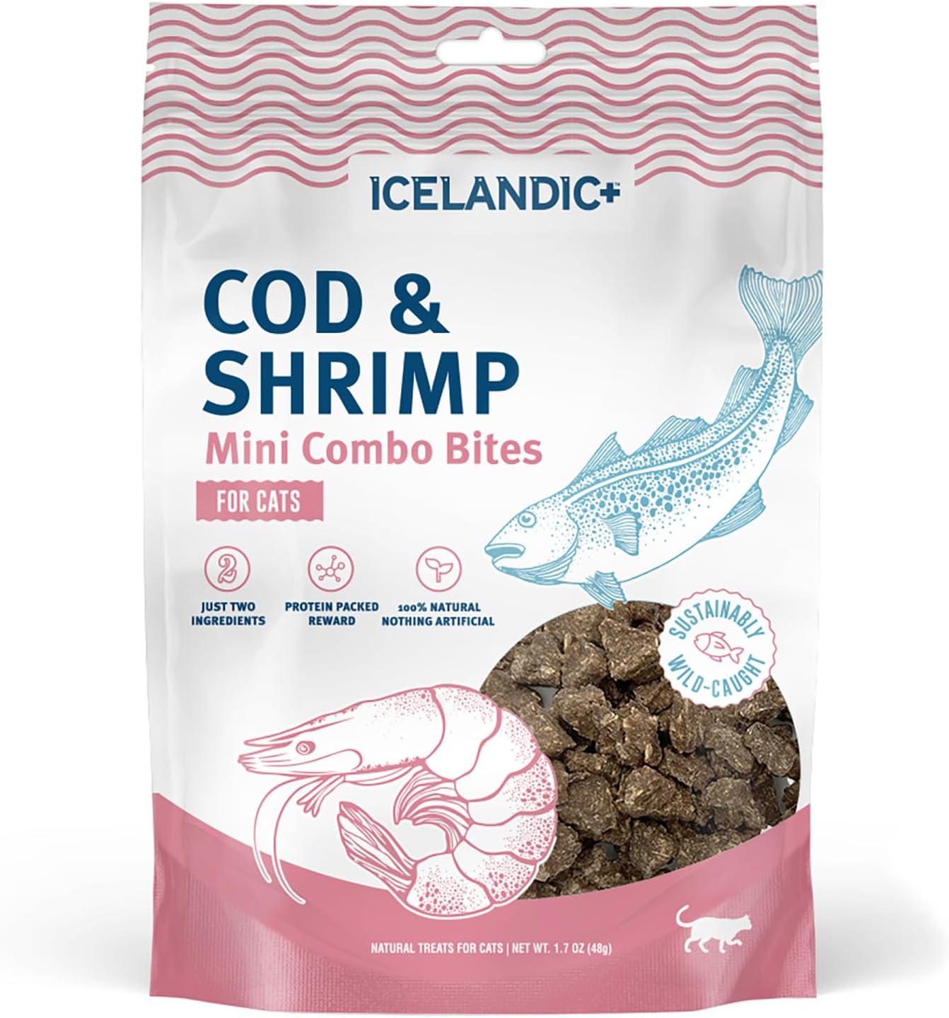 Icelandic+ Mini Combo Bites: Cod & Shrimp - 1.7oz Bag - Cat Treats, .25" Crunchy Bites, 2 Ingredient Natural Pet Snacks, No Fillers, Wild-Caught Fish (Pack of 2)