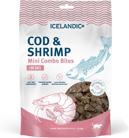 Icelandic+ Mini Combo Bites: Cod & Shrimp - 1.7oz Bag - Cat Treats, .25" Crunchy Bites, 2 Ingredient Natural Pet Snacks, No Fillers, Wild-Caught Fish (Pack of 2)