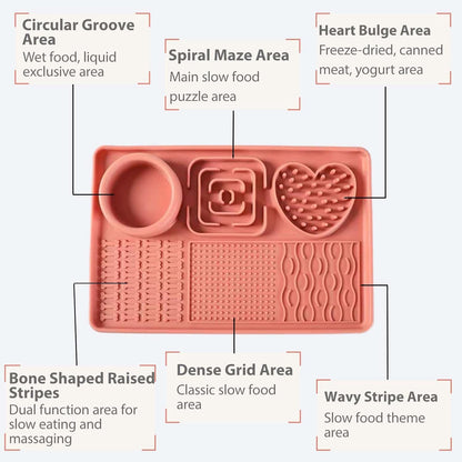 Licking Pad Mats 6 in 1 Reddish Orange for Butter Yogurt Peanut Frozen Food, Dog Slow Feeder Puzzle Bowl, Silicone Anti-Slip Pets Treats Feeding Mat, Collapsible Dog Water Bowl