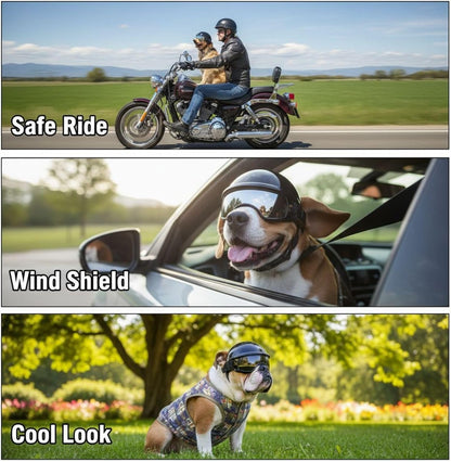 2 PCS Dog Helmet and Goggles Set, S Size Pet Motorcycle Helmet with Silver Lens Sunglasses, Lightweight Protective Gear for Small Dogs, Head Circumference 14.6 in